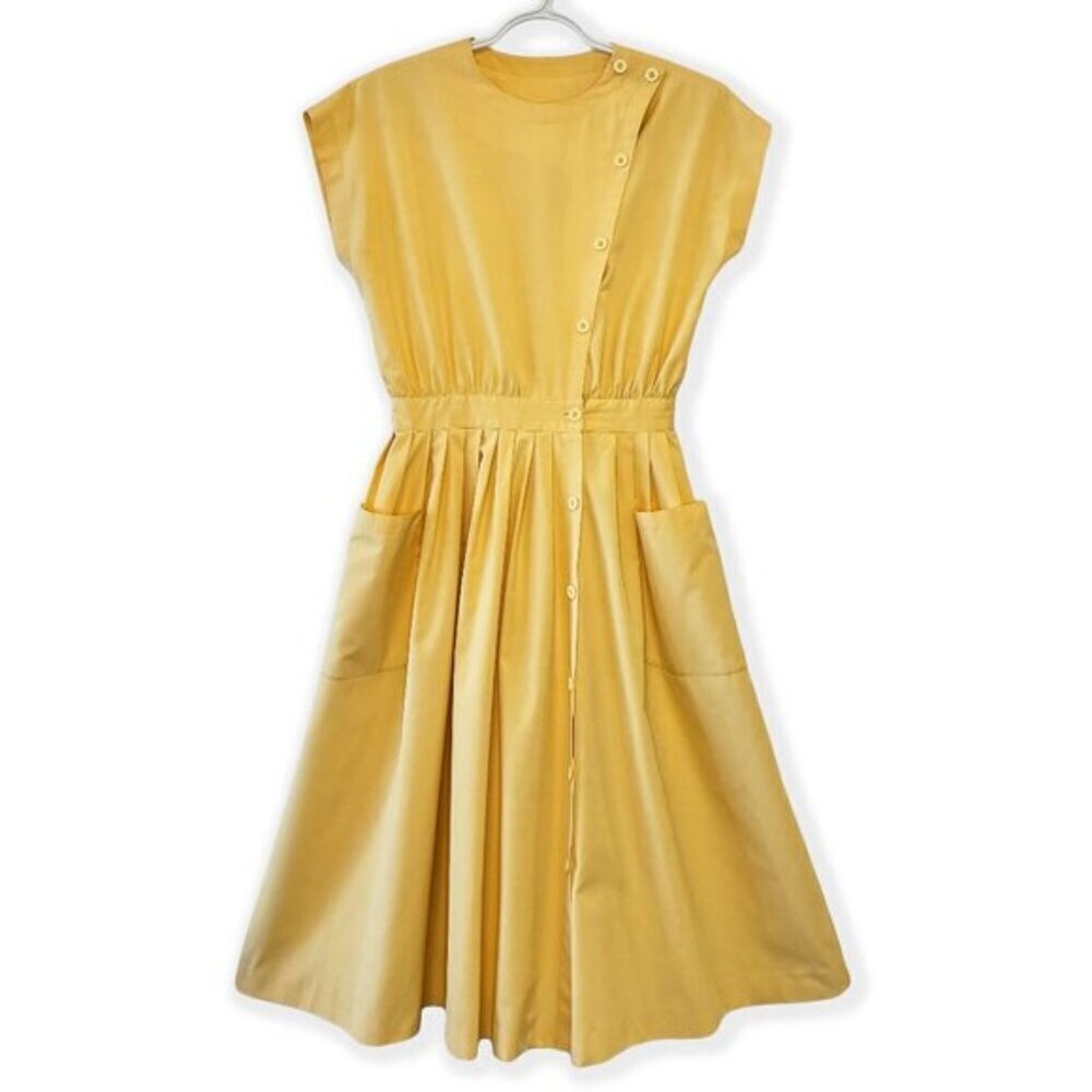 Vintage 70s Rouie Yellow Button-Up Dress with Pockets | Retro Housewife Style